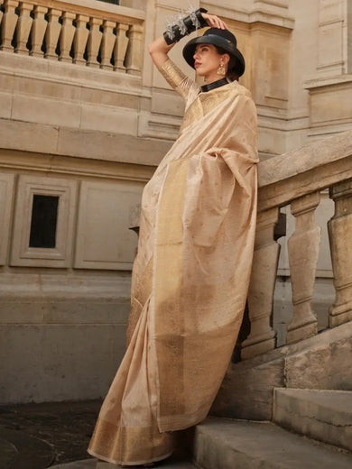 Ravishing Cream Zari Weaving Silk Festival Wear Saree With Blouse